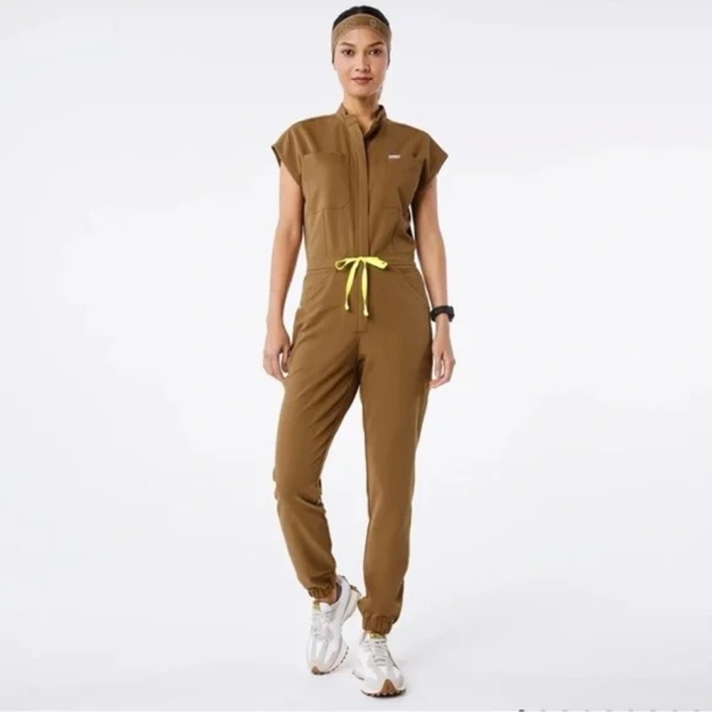 Figs Women's Tan Jumpsuit with Yellow Accents